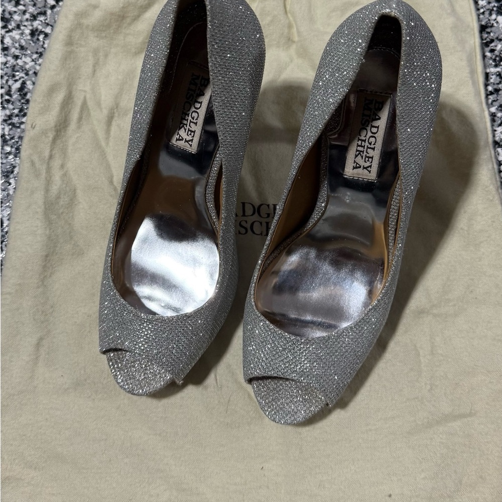 Badgley Mischka Glittering Silver Peep Toe Heels